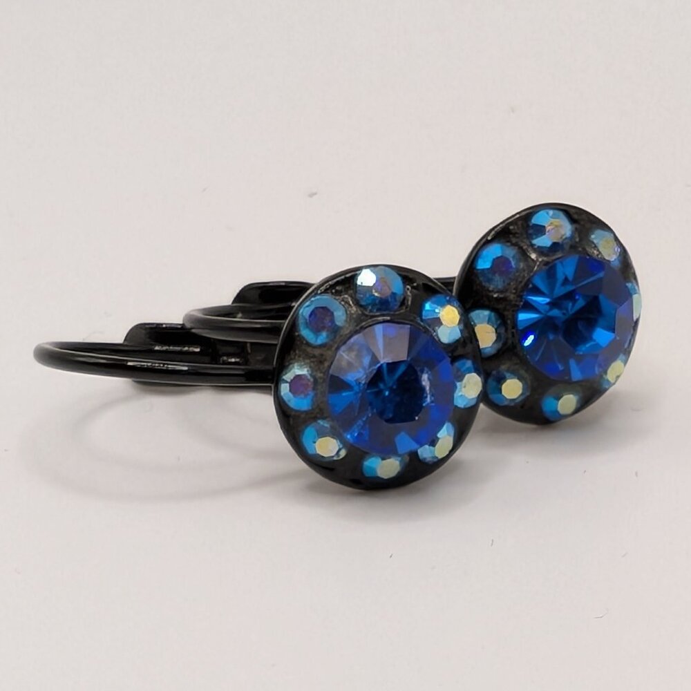Blue Crystal Drop Earrings Floral Design Retro Style Leverback .75" NEW